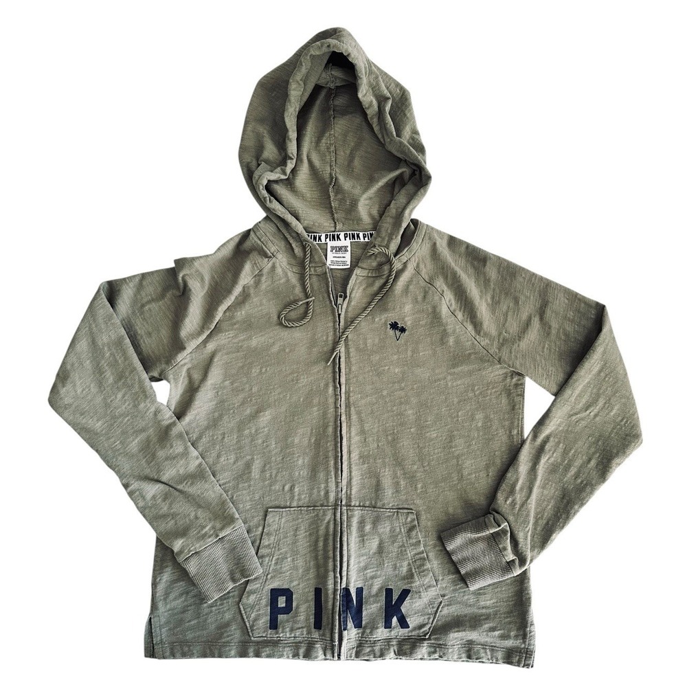Victoria's Secret Pink Hooded Zip Up Jacket Size Small Palm‎ Trees Olive Green
